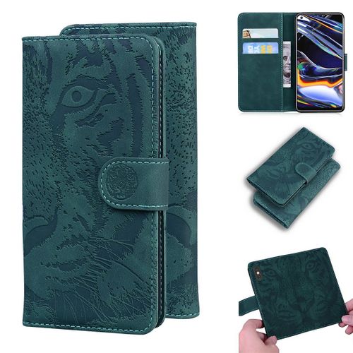 Realme 7 Pro Coque, Saturcase Embossage De Tigre Pu Cuir Magnétique Flip Portefeuille Support Porte-Carte Protecteur Housse Étui Pour Realme 7 Pro (Vert)