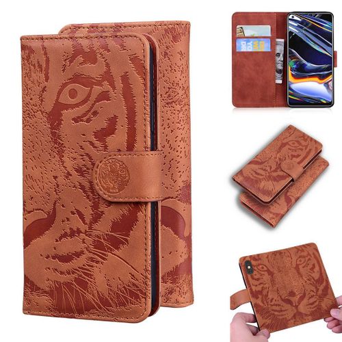 Realme 7 Pro Coque, Saturcase Embossage De Tigre Pu Cuir Magnétique Flip Portefeuille Support Porte-Carte Protecteur Housse Étui Pour Realme 7 Pro (Marron)