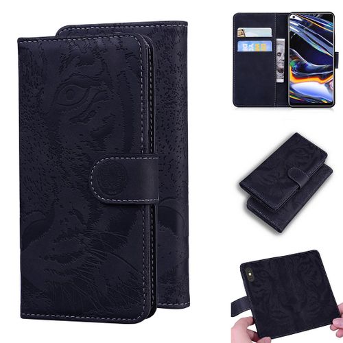 Realme 7 Pro Coque, Saturcase Embossage De Tigre Pu Cuir Magnétique Flip Portefeuille Support Porte-Carte Protecteur Housse Étui Pour Realme 7 Pro (Noir)