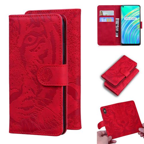 Realme 7i / Realme C17 Coque, Saturcase Embossage De Tigre Pu Cuir Magnétique Flip Portefeuille Support Porte-Carte Protecteur Housse Étui Pour Realme 7i / Realme C17 (Rouge)