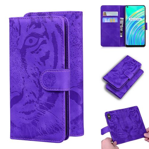 Realme 7i / Realme C17 Coque, Saturcase Embossage De Tigre Pu Cuir Magnétique Flip Portefeuille Support Porte-Carte Protecteur Housse Étui Pour Realme 7i / Realme C17 (Violet)