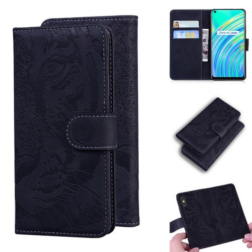 Realme 7i / Realme C17 Coque, Saturcase Embossage De Tigre Pu Cuir Magnétique Flip Portefeuille Support Porte-Carte Protecteur Housse Étui Pour Realme 7i / Realme C17 (Noir)