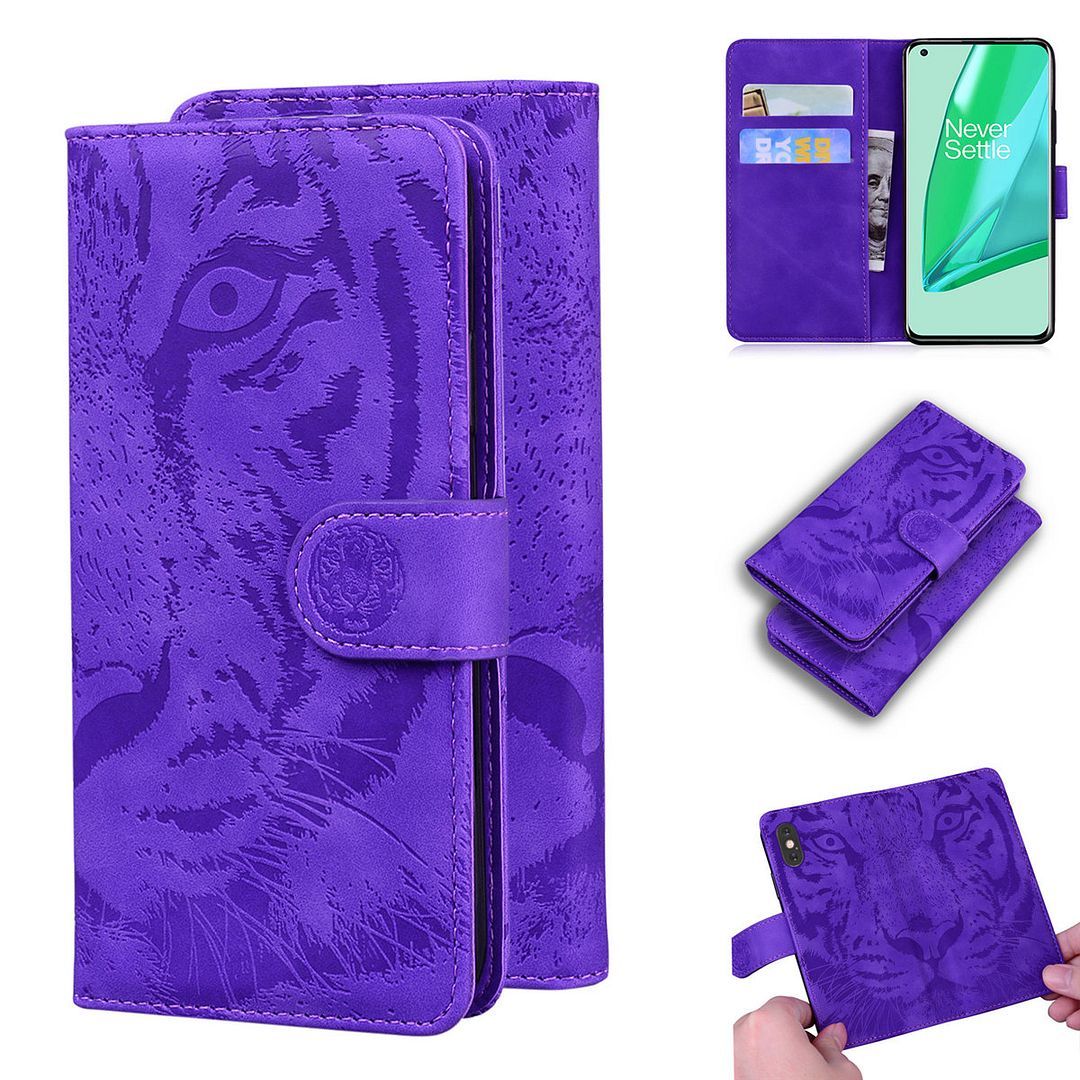 Oneplus 9 Pro Coque, Saturcase Embossage De Tigre Pu Cuir Magnétique Flip Portefeuille Support Porte-Carte Protecteur Housse Étui Pour Oneplus 9 Pro (Violet)