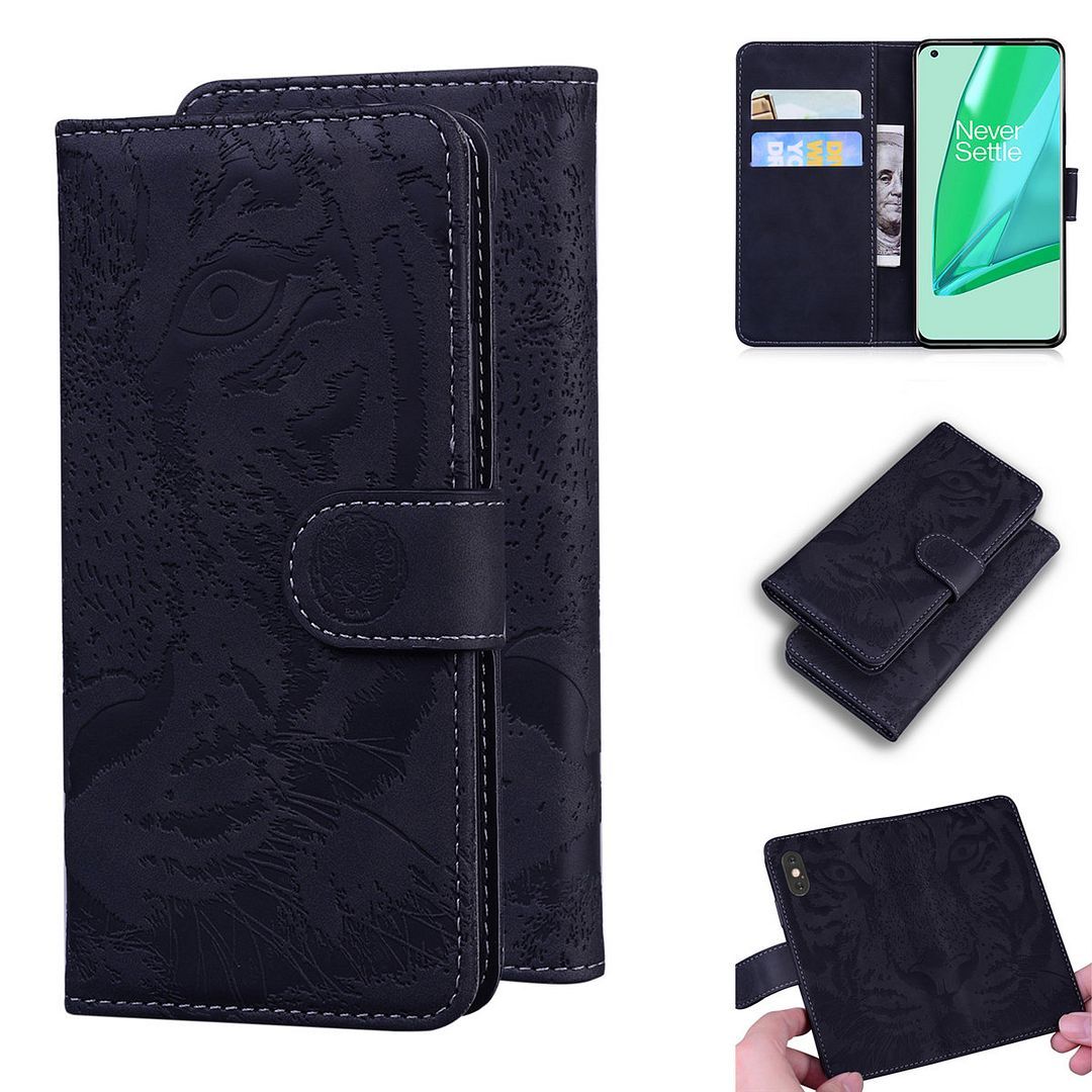 Oneplus 9 Pro Coque, Saturcase Embossage De Tigre Pu Cuir Magnétique Flip Portefeuille Support Porte-Carte Protecteur Housse Étui Pour Oneplus 9 Pro (Noir)