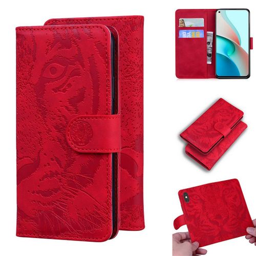 Xiaomi Redmi Note 9t Coque, Saturcase Embossage De Tigre Pu Cuir Magnétique Flip Portefeuille Support Porte-Carte Protecteur Housse Étui Pour Xiaomi Redmi Note 9t (Rouge)