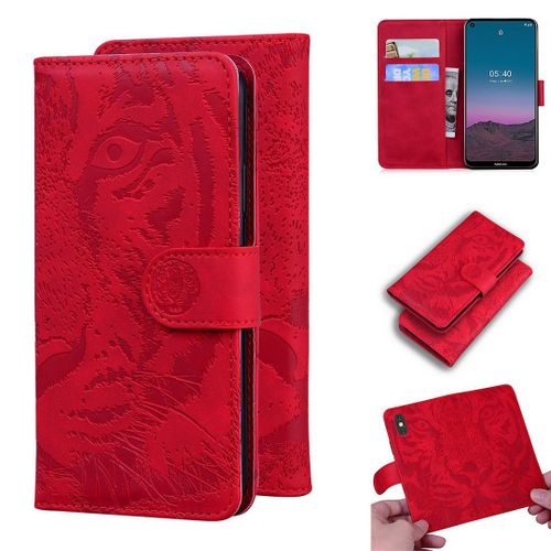Nokia 5.4 Coque, Saturcase Embossage De Tigre Pu Cuir Magnétique Flip Portefeuille Support Porte-Carte Protecteur Housse Étui Pour Nokia 5.4 (Rouge)