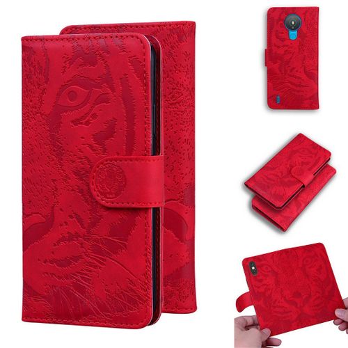 Saturcase Coque Pour Nokia 1.4, Embossage De Tigre Pu Cuir Magnétique Flip Portefeuille Support Porte-Carte Protecteur Housse Étui Pour Nokia 1.4 (Rouge)