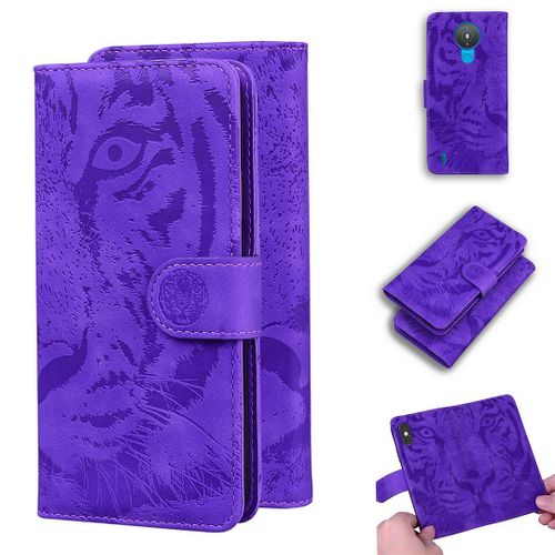 Saturcase Coque Pour Nokia 1.4, Embossage De Tigre Pu Cuir Magnétique Flip Portefeuille Support Porte-Carte Protecteur Housse Étui Pour Nokia 1.4 (Violet)