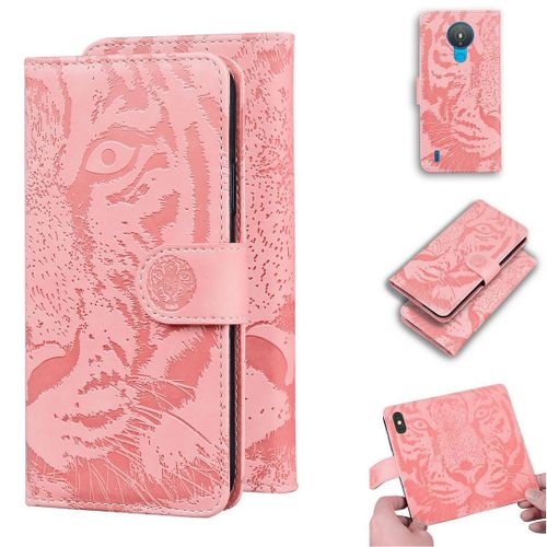 Saturcase Coque Pour Nokia 1.4, Embossage De Tigre Pu Cuir Magnétique Flip Portefeuille Support Porte-Carte Protecteur Housse Étui Pour Nokia 1.4 (Rose)