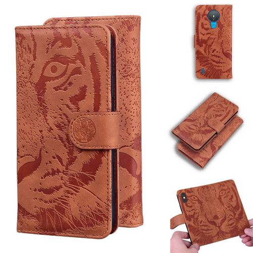 Saturcase Coque Pour Nokia 1.4, Embossage De Tigre Pu Cuir Magnétique Flip Portefeuille Support Porte-Carte Protecteur Housse Étui Pour Nokia 1.4 (Marron)