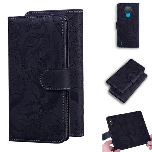 Saturcase Coque Pour Nokia 1.4, Embossage De Tigre Pu Cuir Magnétique Flip Portefeuille Support Porte-Carte Protecteur Housse Étui Pour Nokia 1.4 (Noir)