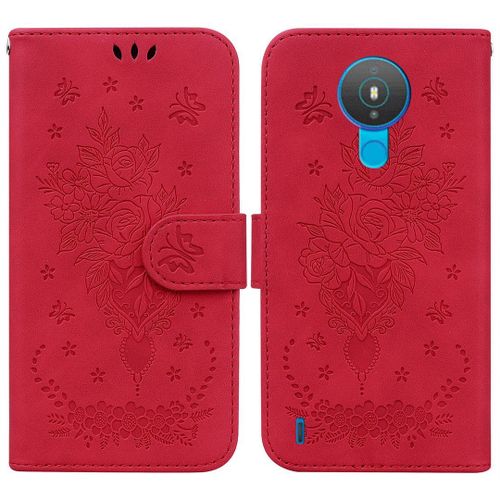 Saturcase Coque Pour Nokia 1.4, Une Rose Pu Cuir Magnétique Flip Portefeuille Support Porte-Carte Dragonne Protecteur Housse Étui Pour Nokia 1.4 (Rouge)