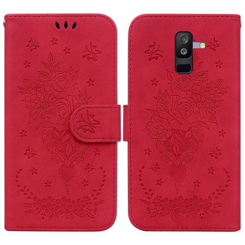 Saturcase Coque Pour Samsung Galaxy A6 Plus 2018, Une Rose Pu Cuir Magnétique Flip Portefeuille Support Porte-Carte Dragonne Protecteur Housse Étui Pour Samsung Galaxy A6 Plus 2018 (Rouge)