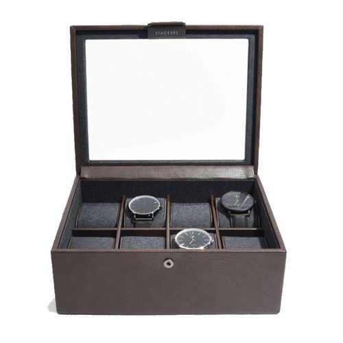 Stackers Uk. Boite 8 Montres. Végan, Simili Cuir. Marron, Uni.