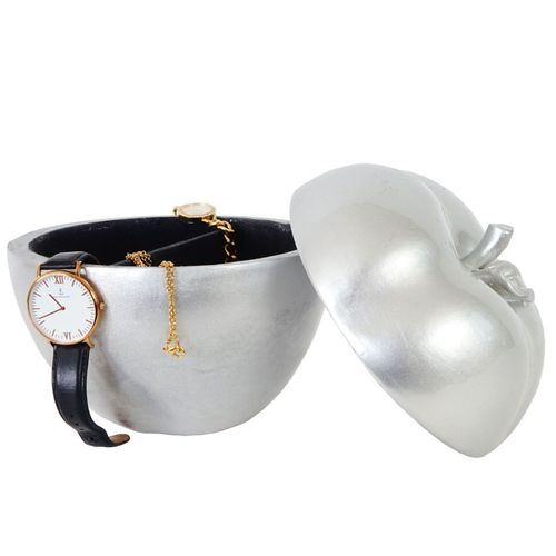 Figure De Décoration Pomme 21cm, Polyresin Boîte De Bijoux, Bôite De Cosmétique, Argent