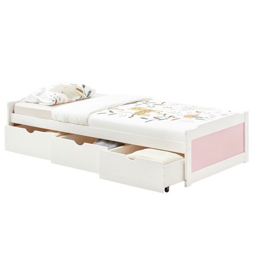 Lit Fonctionnel Mia Avec Rangements 3 Tiroirs 90 X 200 Cm, Lit Simple 1 Place, Lit Enfant En Pin Massif Lasuré Blanc Et Rose
