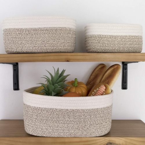 3pcs Panier Rangement Salle De Bain Panier De Rangement Bébé Coton Tissé Produits Menagers Petit Panier Boite(Blanc + Marron)