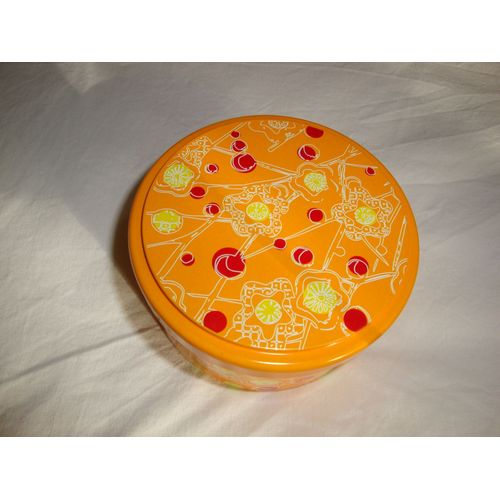 Boite En Métal De Collection Ronde Décor Bonbons Jaunes Sur Fond Orange Tussiflor