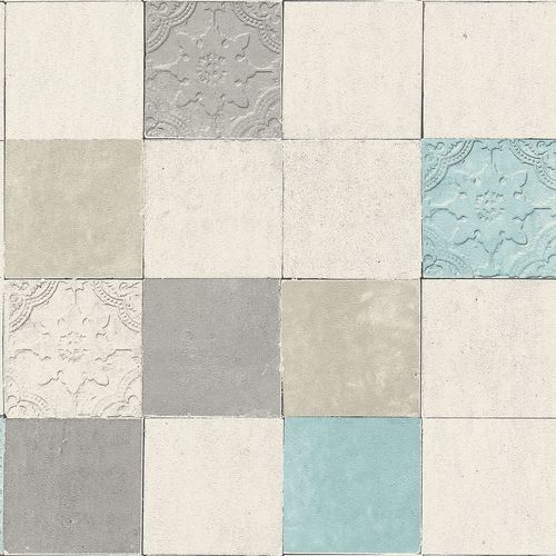 Papier peint pour cuisine et bain Profhome 374061-GU papier peint intissé légèrement texturé avec des figures géométriques mat gris bleu blanc crème 5,33 m2