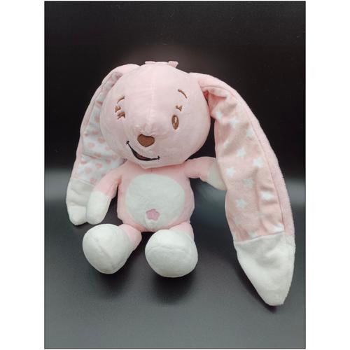 Doudou Peluche Lapin Rose Blanc Coeurs - Clin D'oeil - Auchan Baby - 30 Cm Sans Les Oreilles