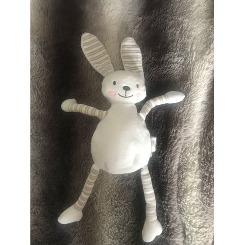 Peluche Doudou Lapin Souriant Blanc Et Rayé Tout Compte Fait 30 Cm