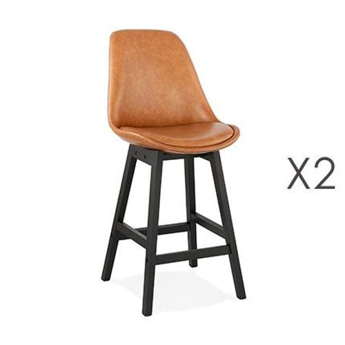 Lot De 2 Chaises De Bar H65 Cm En Pu Marron Pieds Noirs - Elo