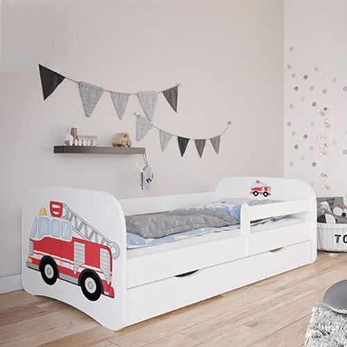 Lit 70x140 Cm Blanc Avec Tiroir Décor Camion De Pompier - Heros