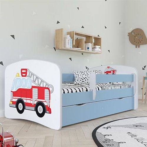Lit 70x140 Cm Bleu Avec Matelas Et Tiroir Décor Camion Pompier - Heros