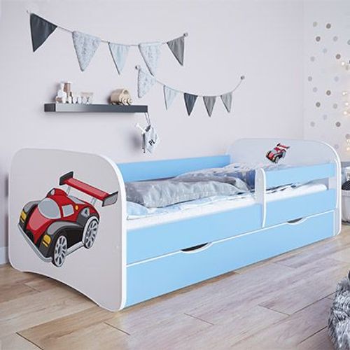 Lit 70x140 Cm Bleu Avec Tiroir Décor Voiture De Course - Heros