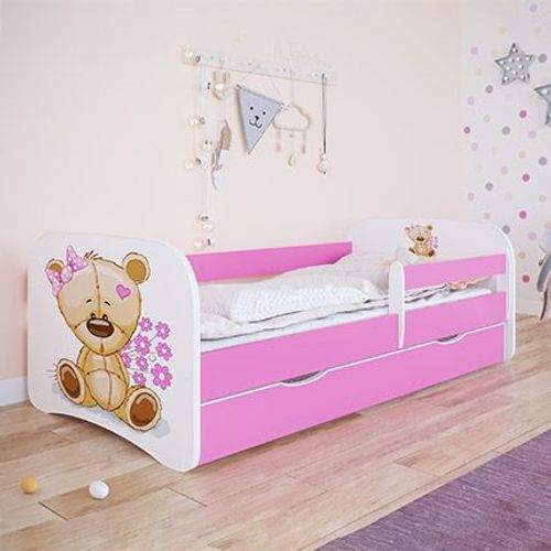 Lit 70x140 Cm Rose + Matelas Et Tiroir Décor Ours En Peluche - Heros