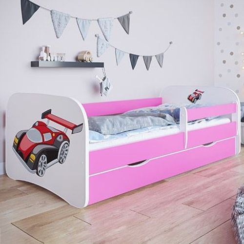 Lit 70x140 Cm Rose + Matelas Et Tiroir Décor Voiture De Course - Heros
