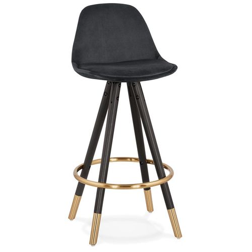 Tabouret Snack Mi-Hauteur Design 'chicago Mini' En Velours Noir Et 4 Pieds En Bois Noir