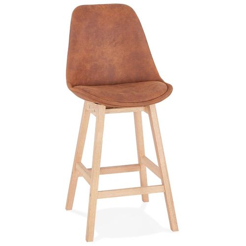 Tabouret Snack Mi-Hauteur 'aspen Mini' En Microfibre Brune Et Pieds En Bois Finition Naturelle