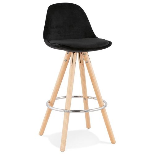 Tabouret Snack Mi-Hauteur 'spirit Mini' En Velours Noir Et Pieds En Bois Naturel