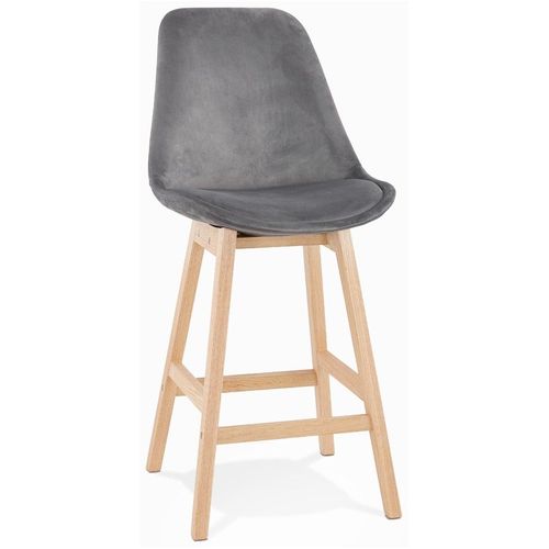 Tabouret Snack Mi-Hauteur 'moriss Mini' En Velours Gris Et Pieds En Bois Naturel