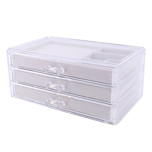 Boîte De Rangement De Bijoux À Trois Niveaux, Présentoir Pour Bagues, Boucles D'oreilles, Colliers, Pendentifs, Montres, Beige