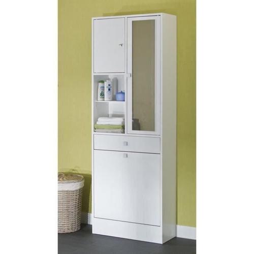 Armoire Avec Bac À Linge 1 Miroir, 1 Tiroir Et 2 Portes Blanc