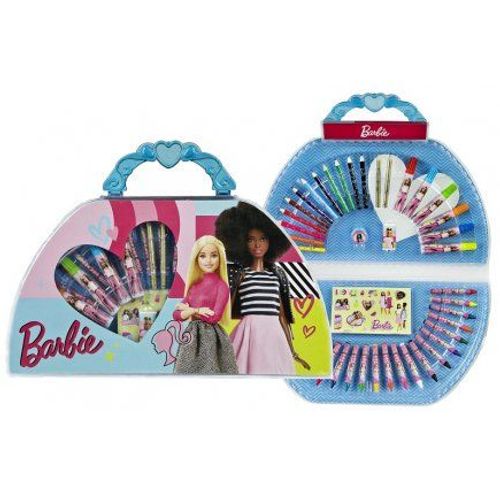 Coffret Dessin Barbie 51 Pcs - Mallette Coloriage Enfant - Feutres, Crayons, Stickers, Etc - Cadeau Fille - Set Art Creatif + Carte