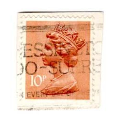 Timbre Royaume Uni : Oblitéré, Profil Gauche De La Reine Elizabeth Sur Fond Orange Clair, 10 P