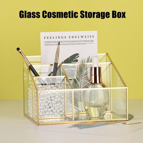 Nordique En Verre Cosmétiques Organisateur De Maquillage De Bureau Brosse Porte Boîte De Rangement De Maquillage Transparent Conteneur Avec Doré Bord Couvert