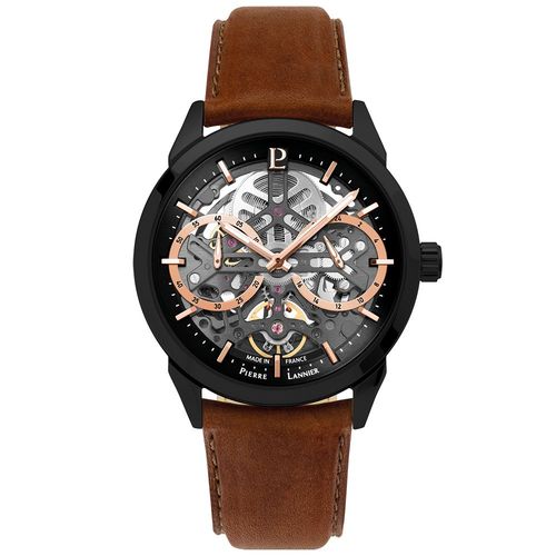 Montre Homme Monarck Noir Cadran Noir Bracelet Cuir Brun 22 Mm