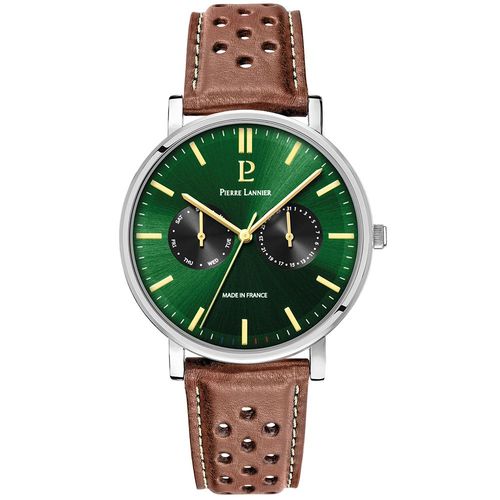 Montre Homme Essential Argenté Cadran Vert Bracelet Cuir Perforé Brun 20 Mm