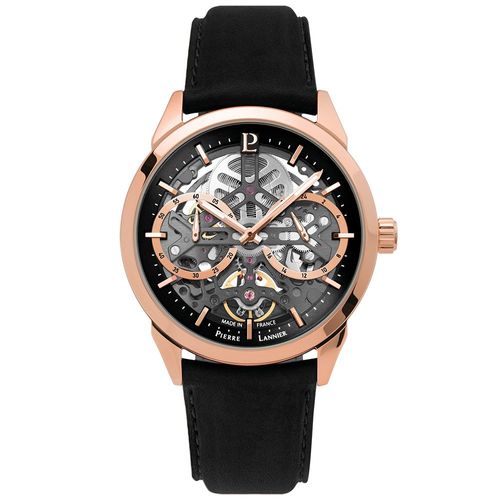 Montre Homme Monarck Doré-Rose Cadran Noir Bracelet Cuir Noir 22 Mm