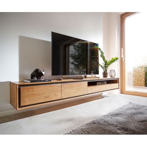 Plateau-Tv Stonegrace Acacia Nature 240 Cm 2 Portes 1 Compartiment 2 Tiroirs Placage En Pierre Buffet Bas Flottant