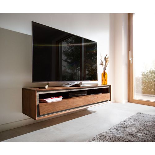 Meuble-Tv Stonegrace Acacia Marron Plaqu? Pierre 145 Cm 2 Tiroirs 1 Compartiment Lowboard Flottant