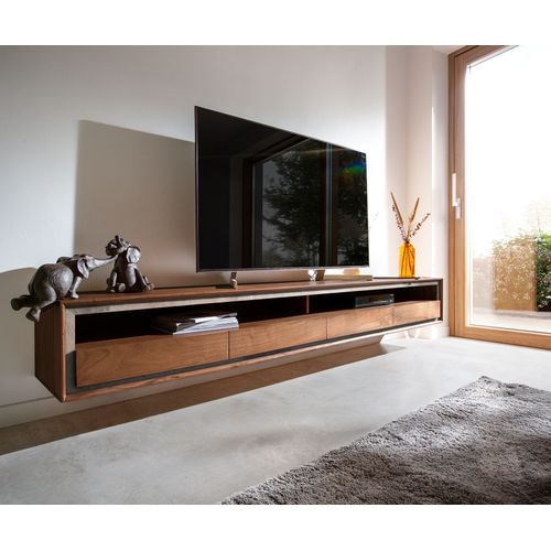 Meuble-Tv Stonegrace Acacia Marron Plaqu? Pierre 240 Cm 4 Tiroirs 1 Compartiment Lowboard Flottant