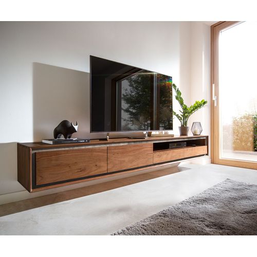 Meuble-Tv Stonegrace Acacia Marron Plaqu? Pierre 240 Cm 2 Portes 2 Tiroirs 1 Compartiment Buffet Flottant