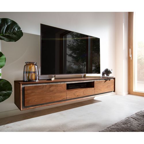 Meuble-Tv Stonegrace Acacia Marron Plaqu? Pierre 175 Cm 2 Portes 1 Tiroir 1 Compartiment Suspendu Lowboard