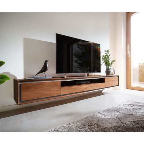 Meuble-Tv Stonegrace Acacia Marron 240 Cm Placage Pierre 2 Portes 2 Tiroirs 1 Compartiment Buffet Flottant