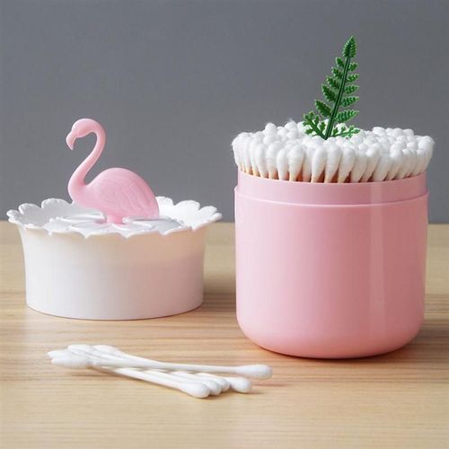 Flamingo Coton-Tige Boîte Dessin Anime Rond Conteneur Coton Tampons Support Maquillage Boîte De Rangement Pour Femmes Filles Dames (Rose + Blanc)